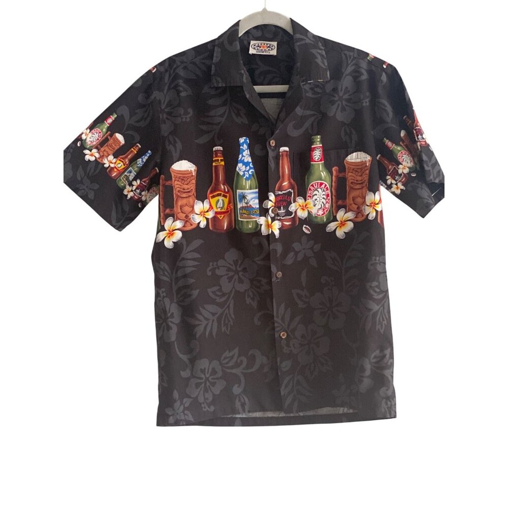 VTG Pacific Legend Hawaii SS Black Aloha Shirt Button Down Beer Bottle Floral M